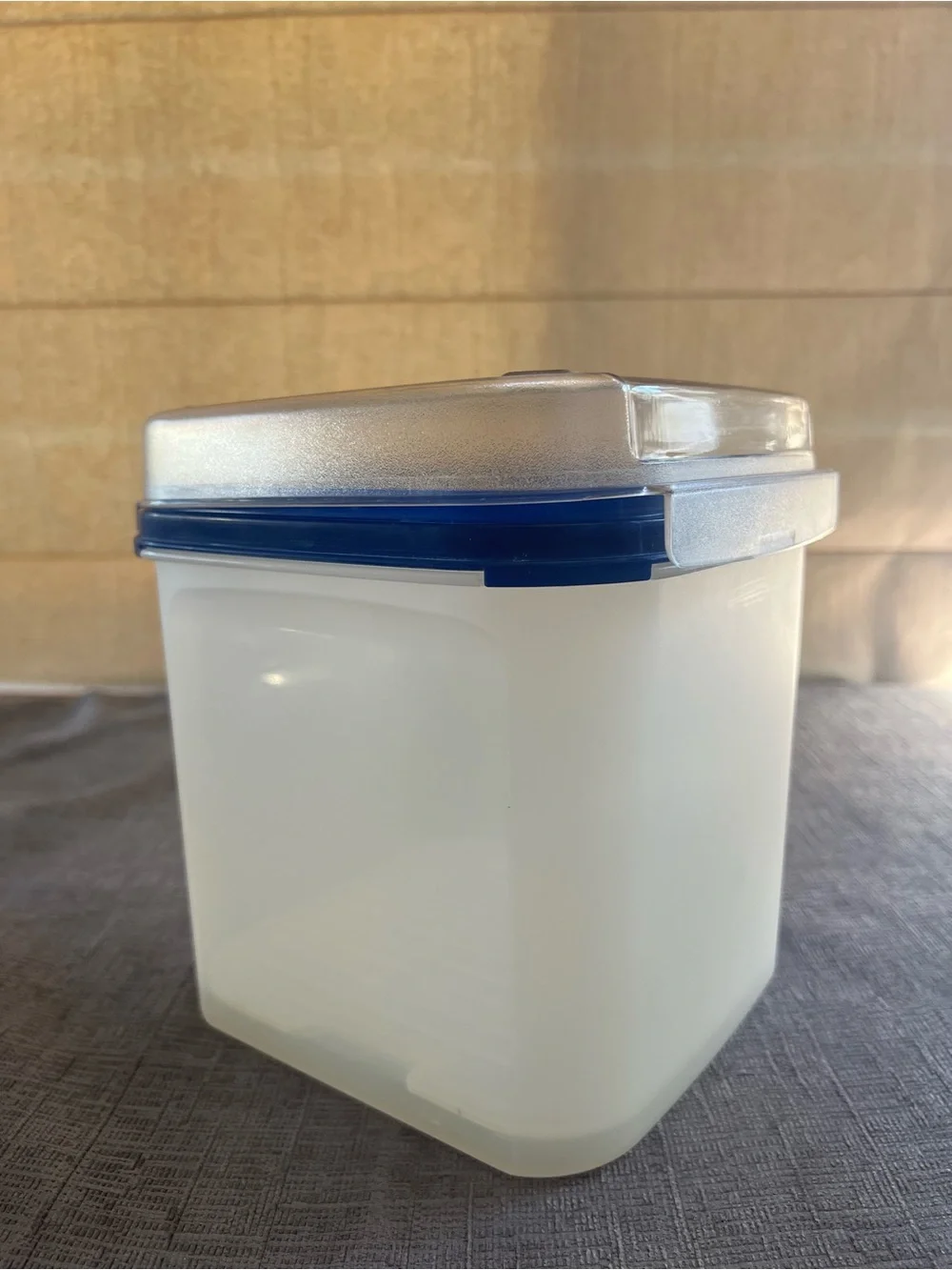 Tupperware White Container with Blue Seal and Clear Lid